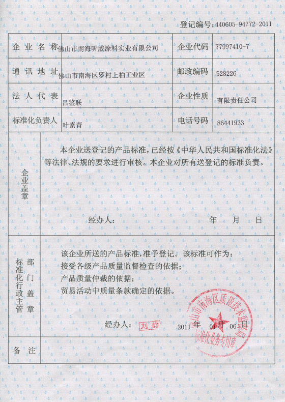 Registration Certificate for the Corporate Products of Guangdong Province